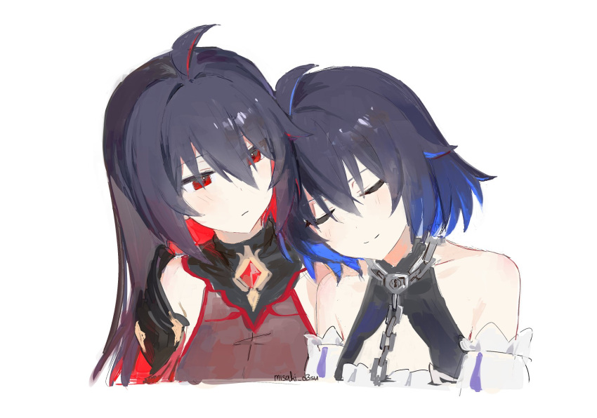 2girls ahoge bare_shoulders black_hair blue_hair chain closed_eyes detached_sleeves dress hair_between_eyes head_on_another's_shoulder highres honkai_(series) honkai_impact_3rd light_smile long_hair looking_at_another misaki_d3su multiple_girls red_eyes red_hair seele_(alter_ego) seele_vollerei seele_vollerei_(starchasm_nyx) seele_vollerei_(stygian_nymph) short_hair simple_background twitter_username upper_body white_background white_dress