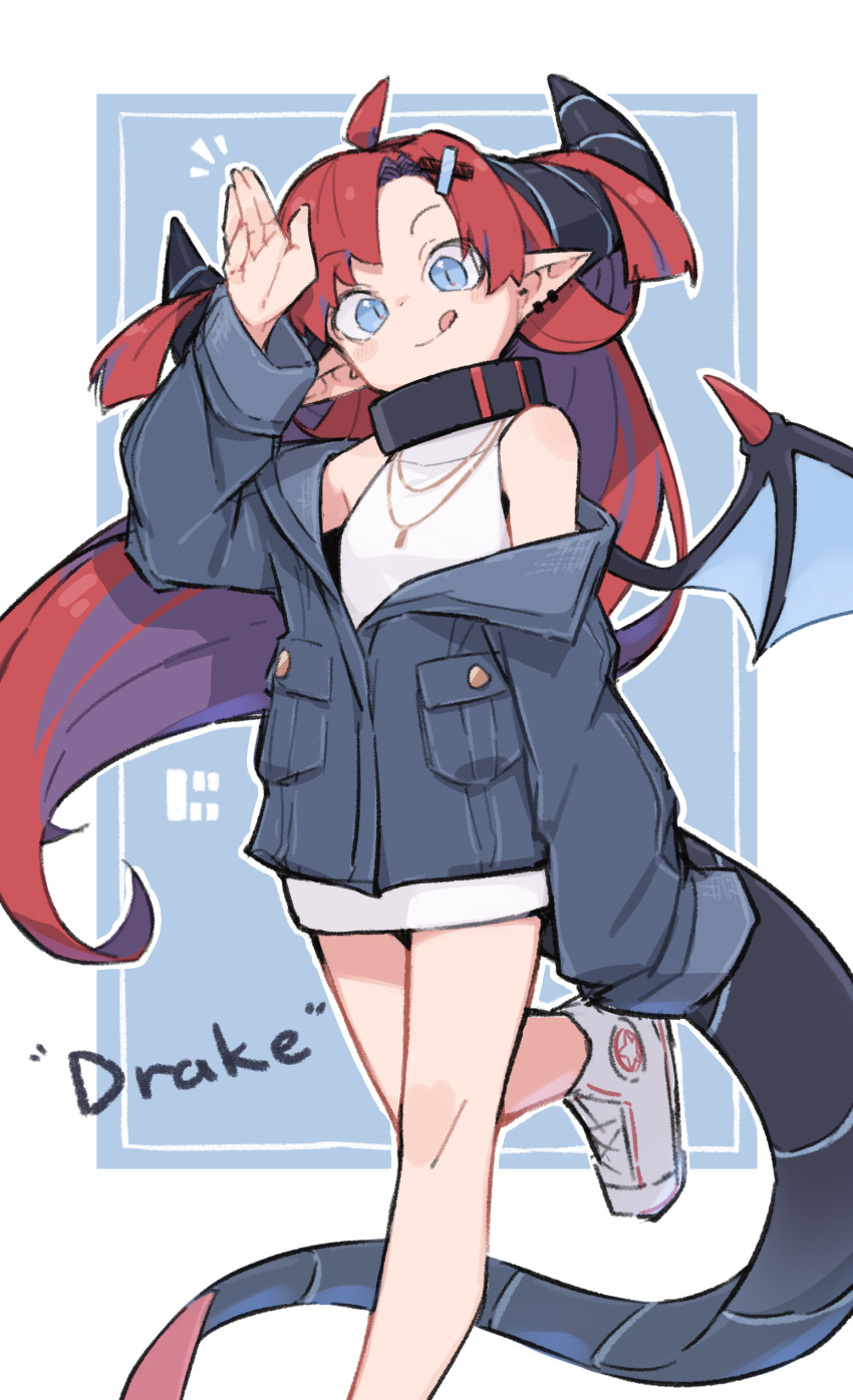 1girl absurdres ahoge blue_eyes blue_jacket breasts character_name closed_mouth dragon_girl dragon_horns dragon_tail dragon_wings drake_(zizi_niisan) earrings hair_ornament highres horns jacket jewelry long_hair long_sleeves looking_at_viewer necklace original pointy_ears red_hair shoes sleeveless sleeveless_sweater small_breasts smile sneakers solo sweater tail tongue tongue_out white_footwear white_sweater wings x_hair_ornament zizi_niisan