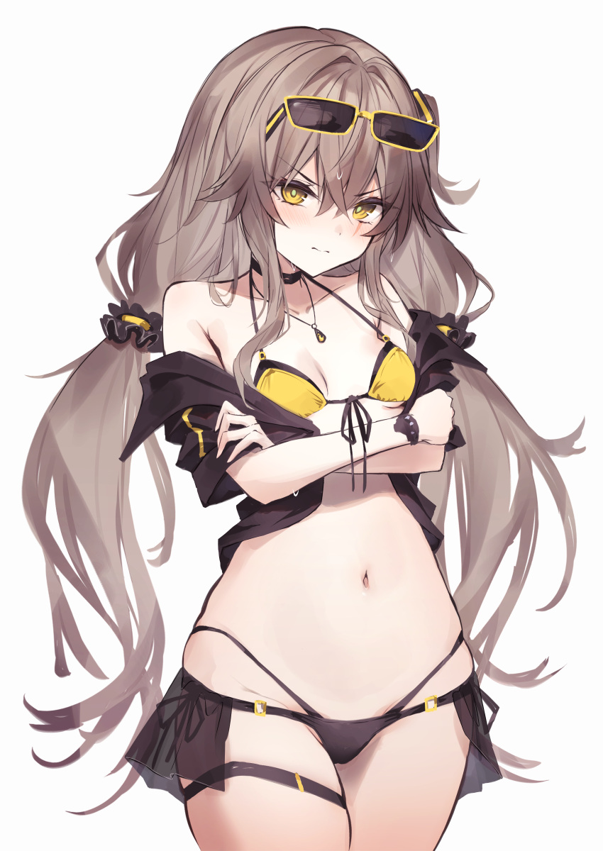 1girl absurdres bare_shoulders bikini bikini_skirt black_jacket breasts brown_hair collarbone commentary_request crossed_arms diieru front-tie_bikini_top front-tie_top girls'_frontline highres jacket jewelry long_hair looking_at_viewer navel necklace off_shoulder one_side_up scar scar_across_eye short_sleeves side-tie_bikini_bottom simple_background small_breasts solo stomach swimsuit thigh_strap twintails ump45_(girls'_frontline) white_background yellow_bikini yellow_eyes