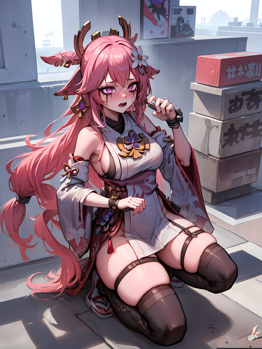1girl absurdres ai-generated animal_ears breasts crying crying_with_eyes_open detached_sleeves dress ds27_sd fox_ears genshin_impact hair_ornament highres jewelry large_breasts long_hair long_sleeves open_mouth pink_hair purple_eyes runny_makeup self-upload sideboob sitting skirt solo stable_diffusion tears thighhighs wide_hips yae_miko