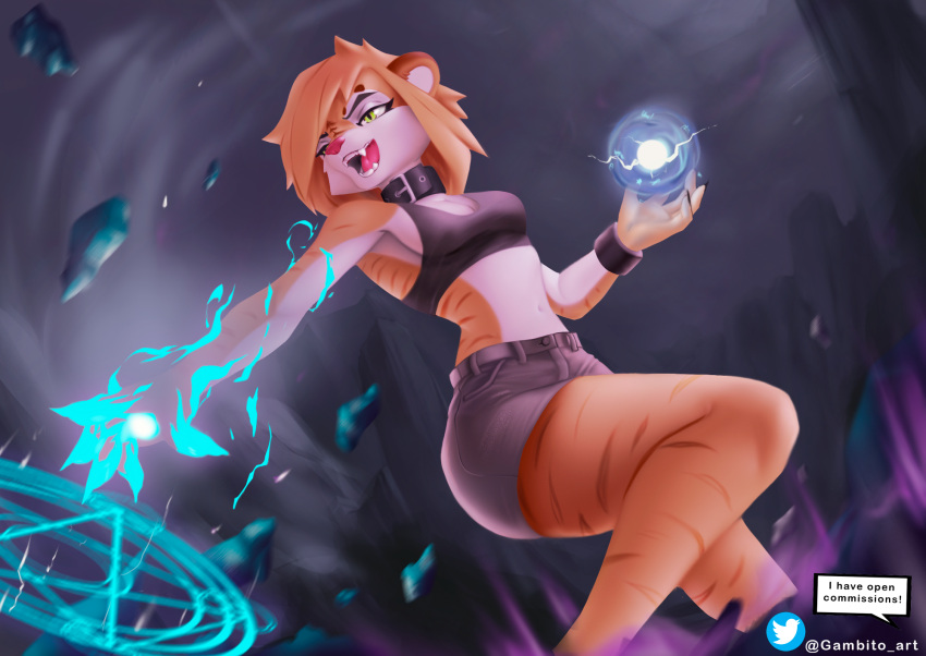 anthro bottomwear breasts cleavage clothed clothing collar digital_media_(artwork) felid female furryrevolution gambito234 green_eyes halter_top hi_res looking_back magic magic_circle mammal navel open_mouth pantherine pentagram power_tool signature skirt solo tiger tools