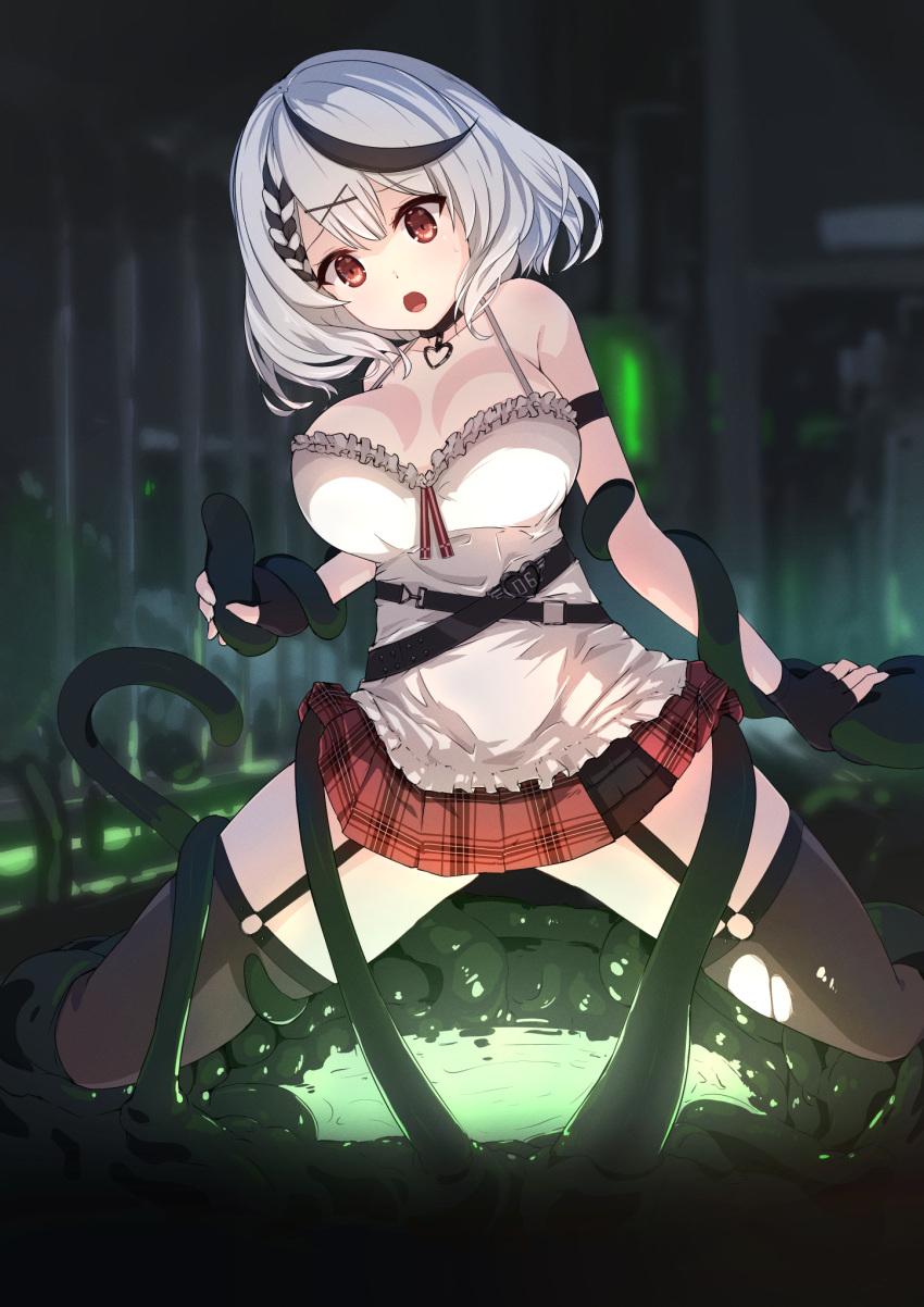 1girl bare_shoulders belt black_belt black_collar black_garter_straps black_hair black_thighhighs braid breasts camisole collar eari fingerless_gloves frilled_camisole frills garter_straps gloves grey_hair hair_ornament heart_collar heart_pendant highres hololive large_breasts multicolored_hair o-ring o-ring_legwear open_mouth red_eyes sakamata_chloe single_braid solo streaked_hair tentacles thighhighs torn_clothes torn_thighhighs virtual_youtuber white_camisole x_hair_ornament