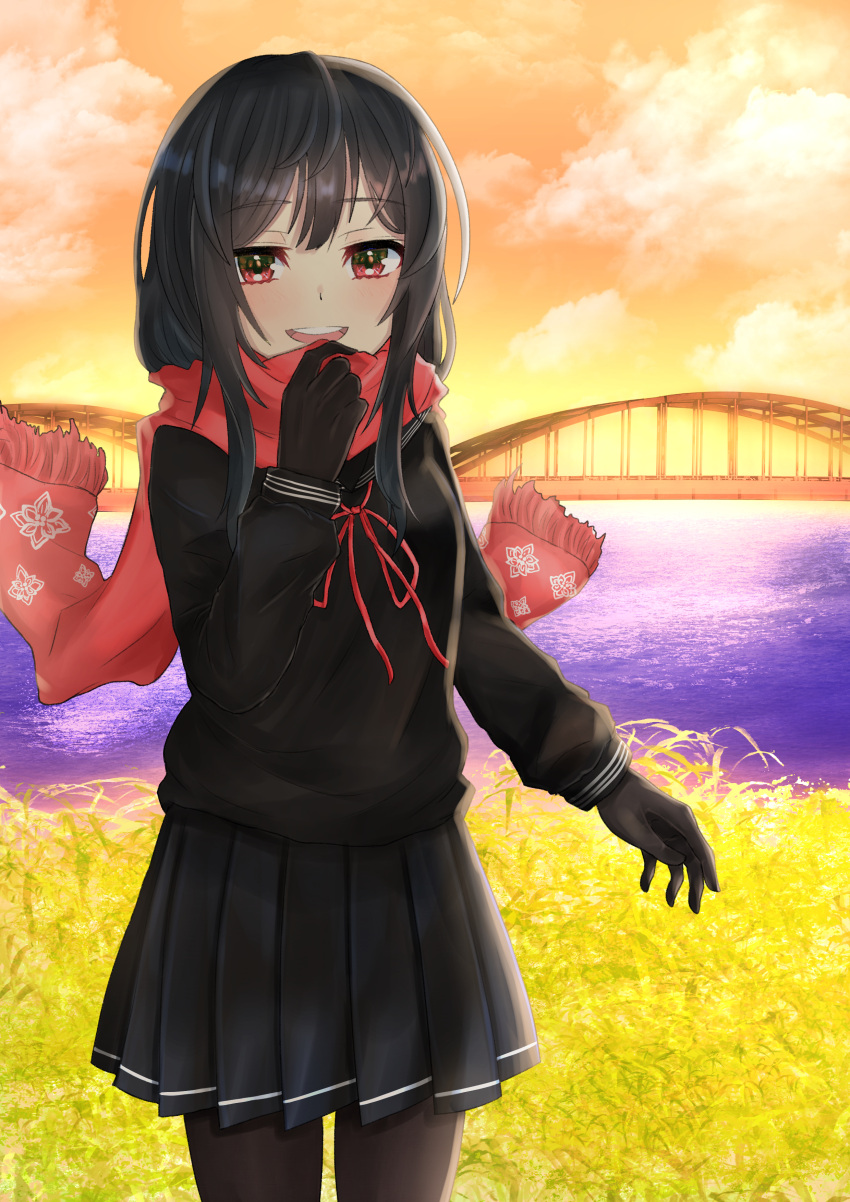 1girl absurdres agata_(yfw1110) arm_at_side black_gloves black_hair black_pantyhose black_serafuku black_skirt bridge cloud commentary_request gloves hair_ornament half-closed_eyes hand_up highres long_grass long_hair long_sleeves looking_at_viewer outdoors pantyhose pleated_skirt print_scarf red_eyes red_ribbon red_scarf ribbon river sayo_samonji_(tenka_hyakken) scarf school_uniform serafuku sidelocks skirt smile solo standing sunset teeth tenka_hyakken upper_teeth_only