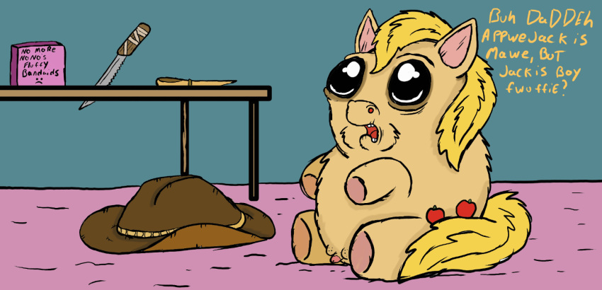 applejack_(mlp) baby_talk blonde_hair brown_body brown_fur carniviousduck clothing cowboy_hat dialogue english_text feral fluffy_pony friendship_is_magic fur genitals hair hasbro hat headgear headwear knife male my_little_pony penis simple_background solo text