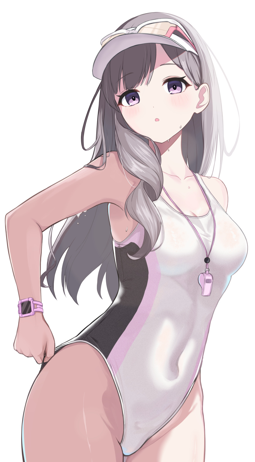1girl absurdres adjusting_clothes adjusting_swimsuit aoi_momiji blush breasts cleavage collarbone completely_nude covered_navel grey_hair groin highleg highleg_swimsuit highres idolmaster idolmaster_shiny_colors long_hair looking_at_viewer medium_breasts nude official_alternate_costume purple_eyes simple_background solo swimsuit two-tone_one-piece_swimsuit very_long_hair visor_cap watch whistle whistle_around_neck white_background wristwatch yukoku_kiriko