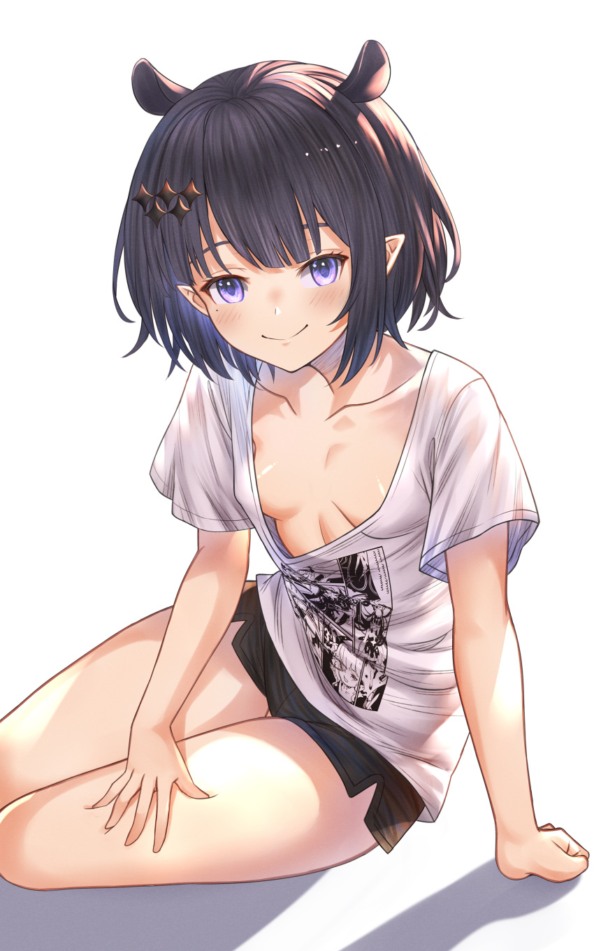 1girl absurdres black_shorts breast_slip hair_ornament highres hololive honkivampy looking_at_viewer ninomae_ina'nis official_alternate_costume pointy_ears purple_eyes purple_hair shirt short_hair shorts smile white_shirt