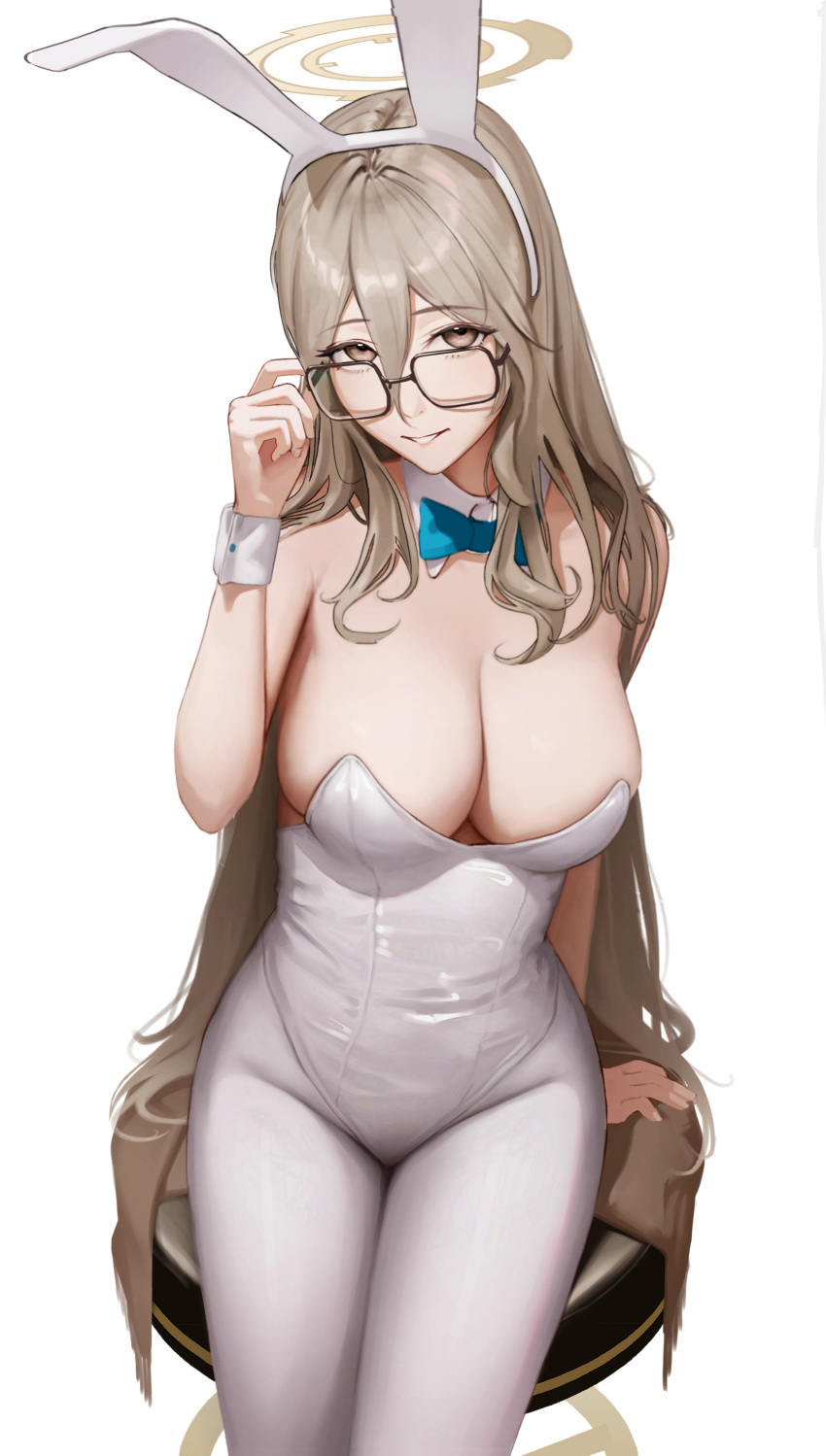 absurdres akane_(blue_archive) akane_(bunny)_(blue_archive) animal_ears aqua_bow aqua_bowtie bar_stool black-framed_eyewear blue_archive bow bowtie breasts brown_shawl cleavage detached_collar fake_animal_ears glasses halo highres large_breasts leotard official_alternate_costume pantyhose playboy_bunny rabbit_ears shawl sitting stool strapless strapless_leotard traditional_bowtie white_leotard white_pantyhose wrist_cuffs yoroshinbo