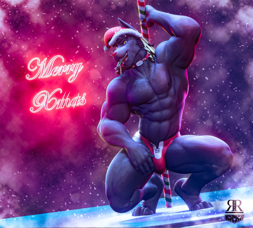 anthro barechest beard biceps black_nipples blonde_hair body_hair bulge bulky candy candy_cane canid canine canis choker christmas christmas_clothing christmas_headwear christmas_ornament clothed clothing costume crouching dancing dessert erection facial_hair flexing_bicep food fur grey_body grey_fur hair hat headgear headwear hi_res holidays humanoid jewelry kemono long_hair low_lighting male male/male mammal merry_christmas moobs muscular necklace neon_lights nightclub nipples partially_clothed pecs pole pole_dancing rexwolf santa_costume santa_hat smile smiling_at_viewer smirk smirking_at_viewer snow solo straps stripper_pole thick_thighs thong_straps thong_underwear tongue tongue_out unbuttoned_underwear wolf
