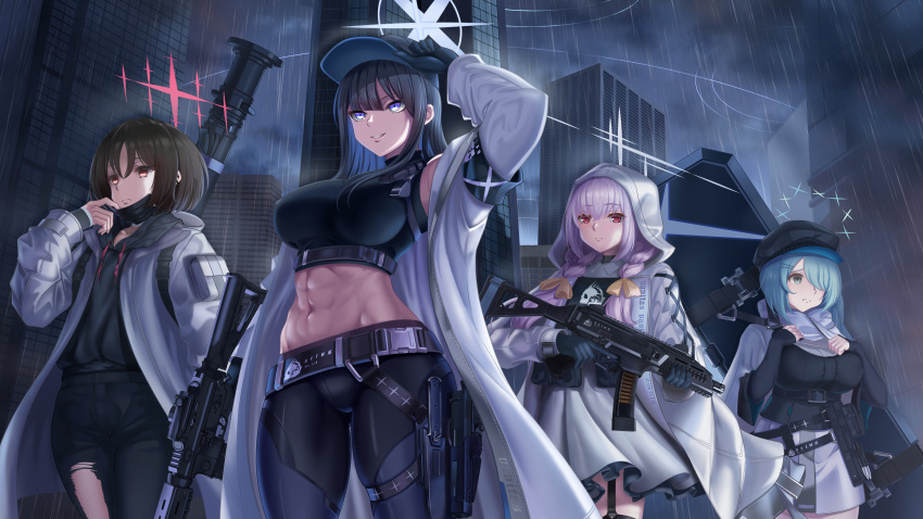 4girls abs absurdres arm_up armband assault_rifle atsuko_(blue_archive) bandaged_neck bandages bangs bare_shoulders baseball_cap belt belt_pouch black_belt black_gloves black_hair black_headwear black_hoodie black_mask black_pants black_shirt black_sweater black_thighhighs blue_archive blue_eyes bow braid breasts building cabbie_hat cape chest_harness closed_mouth coat commentary_request cowboy_shot crop_top cross-laced_clothes cross-laced_sleeves cz_scorpion_evo_3 dress ear_piercing fim-92_stinger garter_straps gloves green_eyes green_hair groin gun hair_bow hair_ornament hair_over_one_eye hairclip halo harness harold_japan hat highres hiyori_(blue_archive) holding holding_gun holding_weapon holster hood hood_down hood_up hooded_coat hoodie jacket knife knife_holster large_breasts long_hair long_sleeves low_twin_braids mask mask_pull midriff misaki_(blue_archive) mouth_mask multiple_girls navel no_mask outdoors pants parted_lips piercing pink_hair plate_carrier pouch rain red_eyes rifle rocket_launcher saori_(blue_archive) scarf scope shirt short_hair side_ponytail sidelocks sig_516 sig_sauer skirt skyscraper sleeveless sleeveless_shirt smile snap-fit_buckle standing submachine_gun surgical_mask sweater thigh_holster thighhighs torn_clothes torn_pants trigger_discipline twin_braids underbust weapon weapon_case white_cape white_coat white_dress white_scarf white_skirt