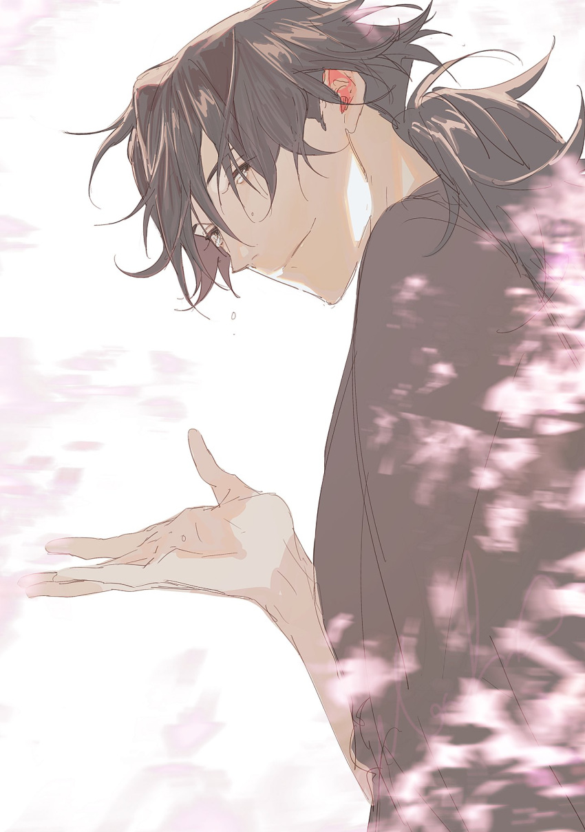 1boy black_hair black_kimono cherry_blossoms closed_mouth crying crying_with_eyes_open fate/grand_order fate_(series) hand_up highres japanese_clothes kimono long_hair looking_at_viewer looking_to_the_side low_ponytail male_focus sakamoto_ryouma_(fate) simple_background smile solo tears upper_body white_background ziege113