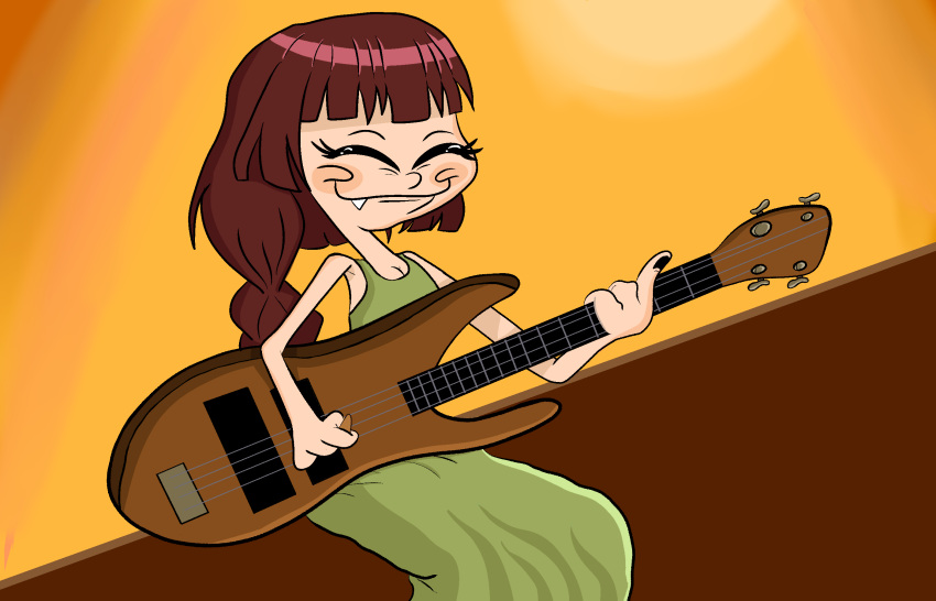 bass_guitar bocchi_the_rock! cartoonized closed_eyes highres hiroi_kikuri instrument non-web_source single_tooth sunset toon_(style)