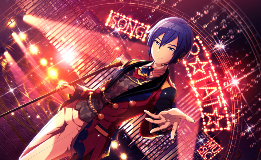 1boy aiguillette ascot black_vest blue_ascot buttons cane closed_mouth coat collared_shirt colorful_palette crown_print double-breasted dutch_angle fence fingernails highres holding holding_cane kaito_(vocaloid) long_sleeves looking_at_viewer neon_lights official_art project_sekai reaching reaching_towards_viewer red_coat shirt smile solo stage third-party_source vest vocaloid white_shirt wonderlands_x_showtime_kaito zenryoku!_wonder_halloween!_(project_sekai)