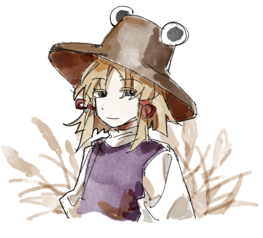 1girl aaayamitsu blonde_hair brown_headwear chinese_commentary closed_mouth commentary_request flat_chest frog_hat grey_eyes hat highres long_sleeves medium_hair moriya_suwako purple_vest shirt sketch smile solo touhou upper_body vest white_shirt