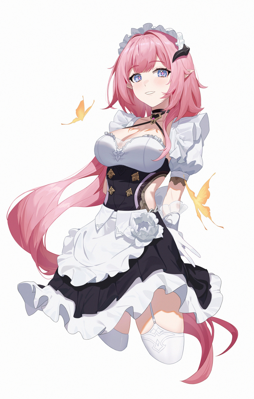 1girl absurdres apron arms_behind_back black_dress breasts bug butterfly cleavage cropped_legs dress elysia_(honkai_impact) garter_straps gloves highres honkai_(series) honkai_impact_3rd horns large_breasts light_blush long_hair looking_at_viewer maid maid_apron maid_headdress pink_hair pointy_ears sanmu short_sleeves simple_background smile solo standing teeth thighhighs white_background white_gloves