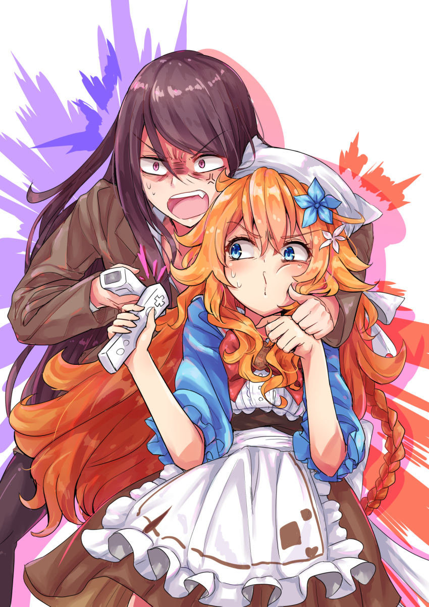 2girls anger_vein angry apron big_hair black_pantyhose blue_eyes blue_flower blue_shirt braid brown_jacket brown_skirt constricted_pupils controller fang flower french_braid frilled_sleeves frills game_controller gundou_mirei hair_between_eyes hair_flower hair_ornament hat highres jacket long_hair looking_at_another multiple_girls muzi_folder nijisanji orange_hair otogibara_era pantyhose purple_eyes purple_hair screaming shirt side_braid skirt sweatdrop swept_bangs very_long_hair virtual_youtuber white_apron white_headwear wii_remote