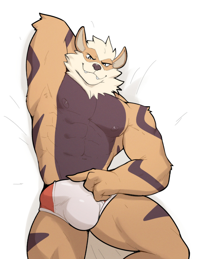 abs anthro arcanine black_body black_fur bulge canid clothed clothing fangs fur generation_1_pokemon genital_outline hand_behind_head hi_res jrjresq lying male mammal muscular muscular_anthro muscular_male nintendo nipples on_back orange_body orange_fur pecs penis_outline pokemon pokemon_(species) smile solo teeth underwear underwear_only