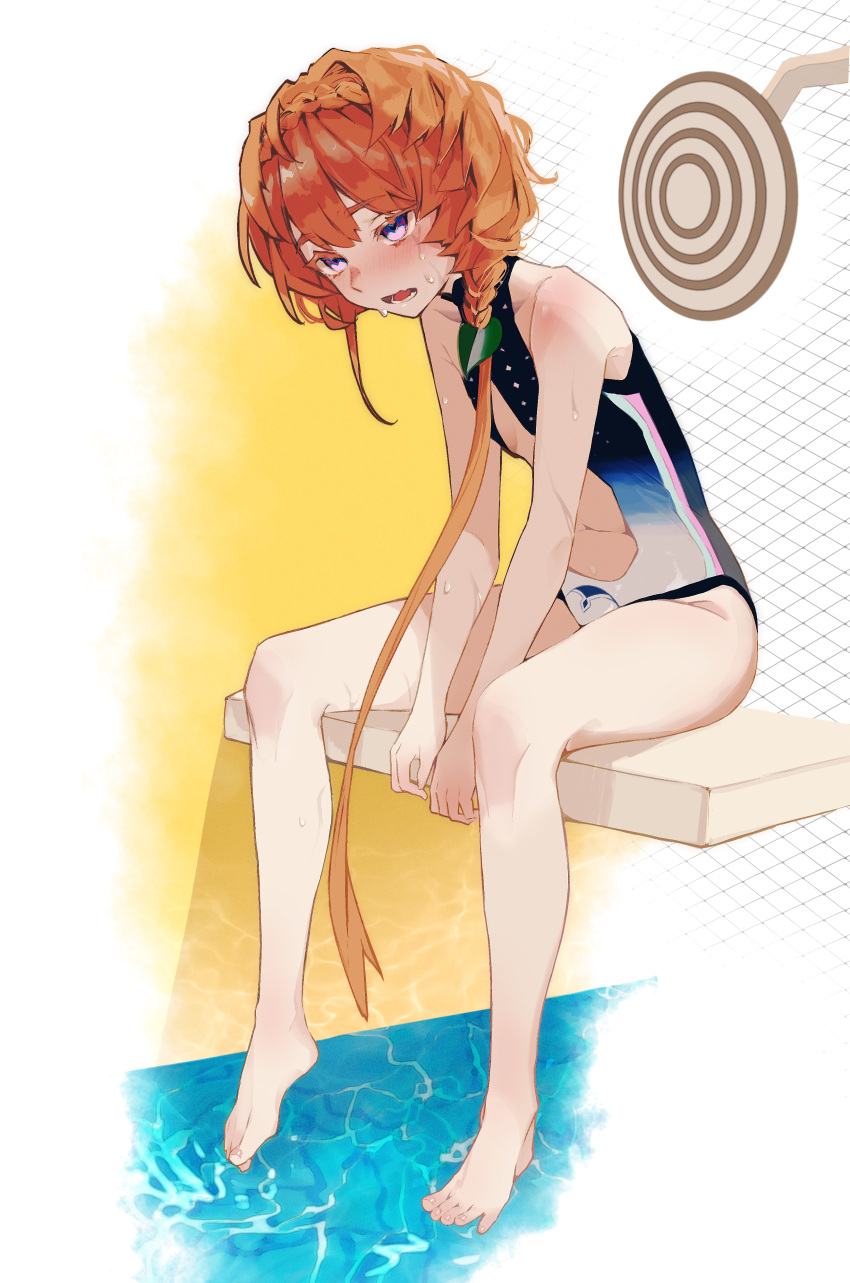 1girl absurdres barefoot bikini blue_eyes braid breasts brown_hair casual_one-piece_swimsuit clothing_cutout commission crown_braid e_ixion fate/grand_order fate_(series) highleg highleg_swimsuit highres ibispaint_(medium) navel one-piece_swimsuit open_mouth pixiv_commission side_braid sitting small_breasts solo swimsuit van_gogh_(fate) van_gogh_(sink_deeper)_(fate) water