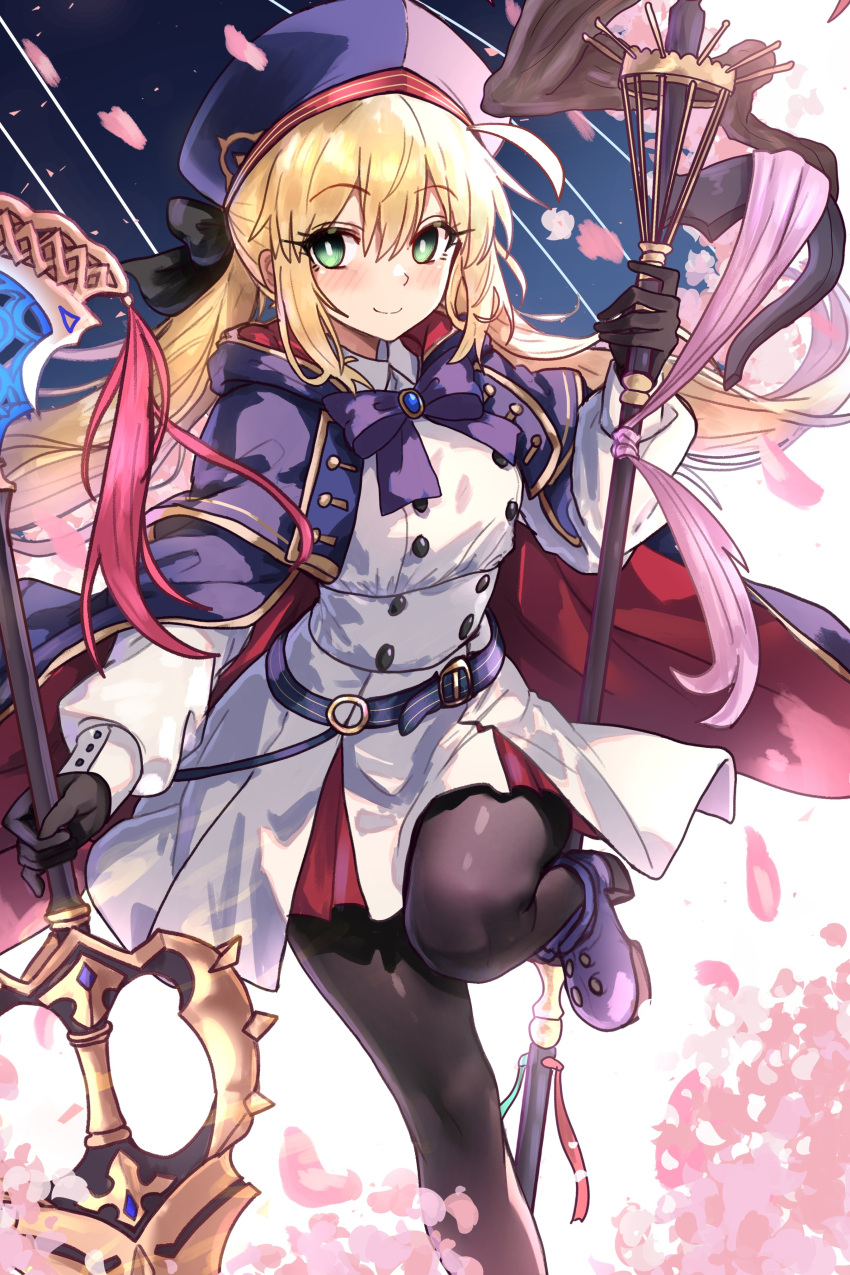 1girl absurdres artoria_caster_(fate) artoria_caster_(second_ascension)_(fate) artoria_pendragon_(fate) belt black_gloves black_pantyhose blonde_hair blue_belt blue_capelet blue_headwear buttons capelet double-breasted dress dual_wielding ebora english_commentary falling_petals fate/grand_order fate_(series) gloves green_eyes hair_between_eyes hat highres holding holding_staff hood hooded_capelet layered_dress long_hair long_sleeves looking_at_viewer o-ring o-ring_belt pantyhose petals polearm simple_background smile solo staff standing standing_on_one_leg striped_belt twintails weapon white_dress