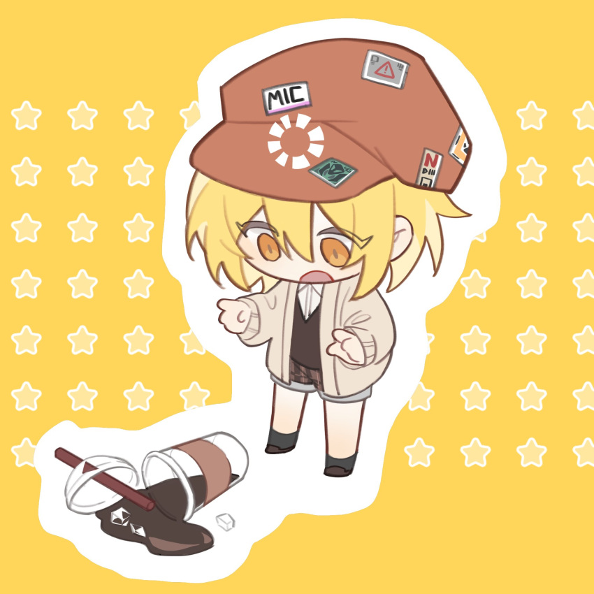 1girl artist_request blonde_hair brown_footwear collared_shirt cup don_quixote_(limbus_company) drink drinking_straw hat highres jacket limbus_company open_clothes open_jacket project_moon shirt shoes short_hair shorts socks solo solo_focus spill star_(symbol) sticker vest yellow_eyes