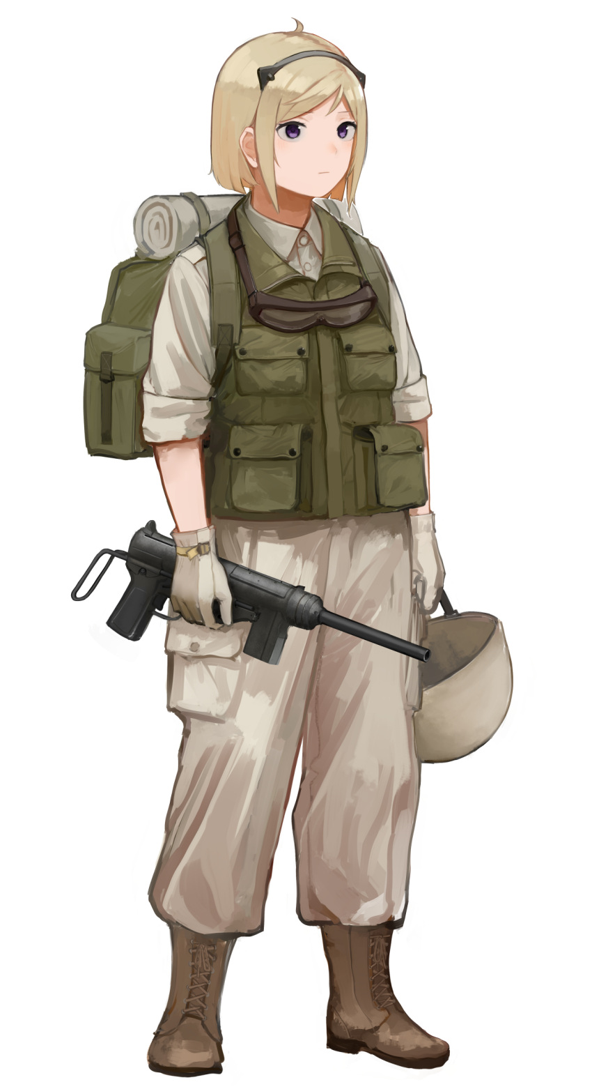 1girl animal_ears backpack bag blonde_hair bob_cut boots brown_footwear brown_pants brown_shirt closed_mouth collared_shirt combat_boots commentary cowlick english_commentary fake_animal_ears full_body girls'_frontline gloves goggles goggles_around_neck green_vest gun helmet highres holding holding_gun holding_helmet holding_weapon leather leather_gloves load_bearing_equipment looking_afar m3_(girls'_frontline) m3_submachine_gun pants pocket purple_eyes rampart1028 shirt short_hair sidelocks simple_background sleeves_rolled_up solo submachine_gun vest weapon white_background