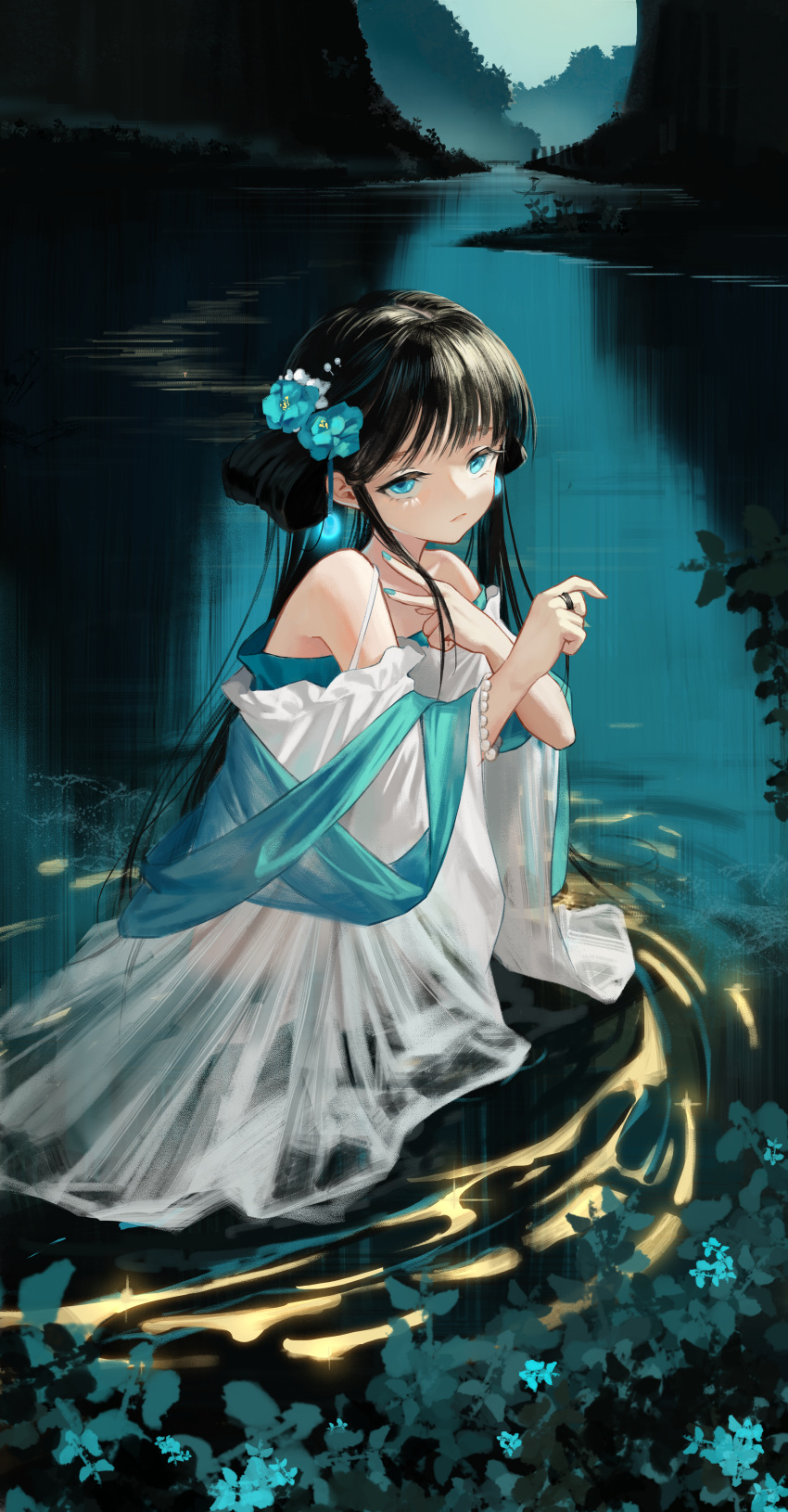 1girl absurdres aqua_nails black_hair blue_eyes blue_flower blunt_bangs commentary_request dress fingernails flower hair_flower hair_ornament highres jewelry lake long_hair looking_at_viewer nail_polish original outdoors qianqiu_wanxia ring solo wet wet_clothes wet_dress white_dress