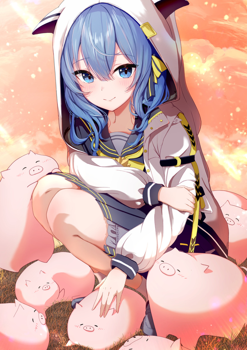 1girl absurdres blue_eyes blue_footwear blue_hair blush closed_mouth commentary_request grey_skirt highres hihi_(oekakihix) hololive hood hoodie hoshimachi_suisei long_hair long_sleeves looking_at_viewer neckerchief pig pleated_skirt sailor_collar shirt sitting skirt smile socks solo star_(symbol) star_in_eye symbol_in_eye virtual_youtuber white_hoodie white_shirt white_socks yellow_neckerchief