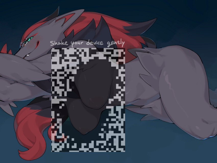 anthro areola blue_eyes breasts english_text eye_markings female fur generation_5_pokemon grey_body grey_fur hanging_breasts hi_res kame_3 looking_aside looking_at_viewer markings navel neck_tuft nintendo nipples nude pokemon pokemon_(species) simple_background smile solo text thick_thighs tuft zoroark