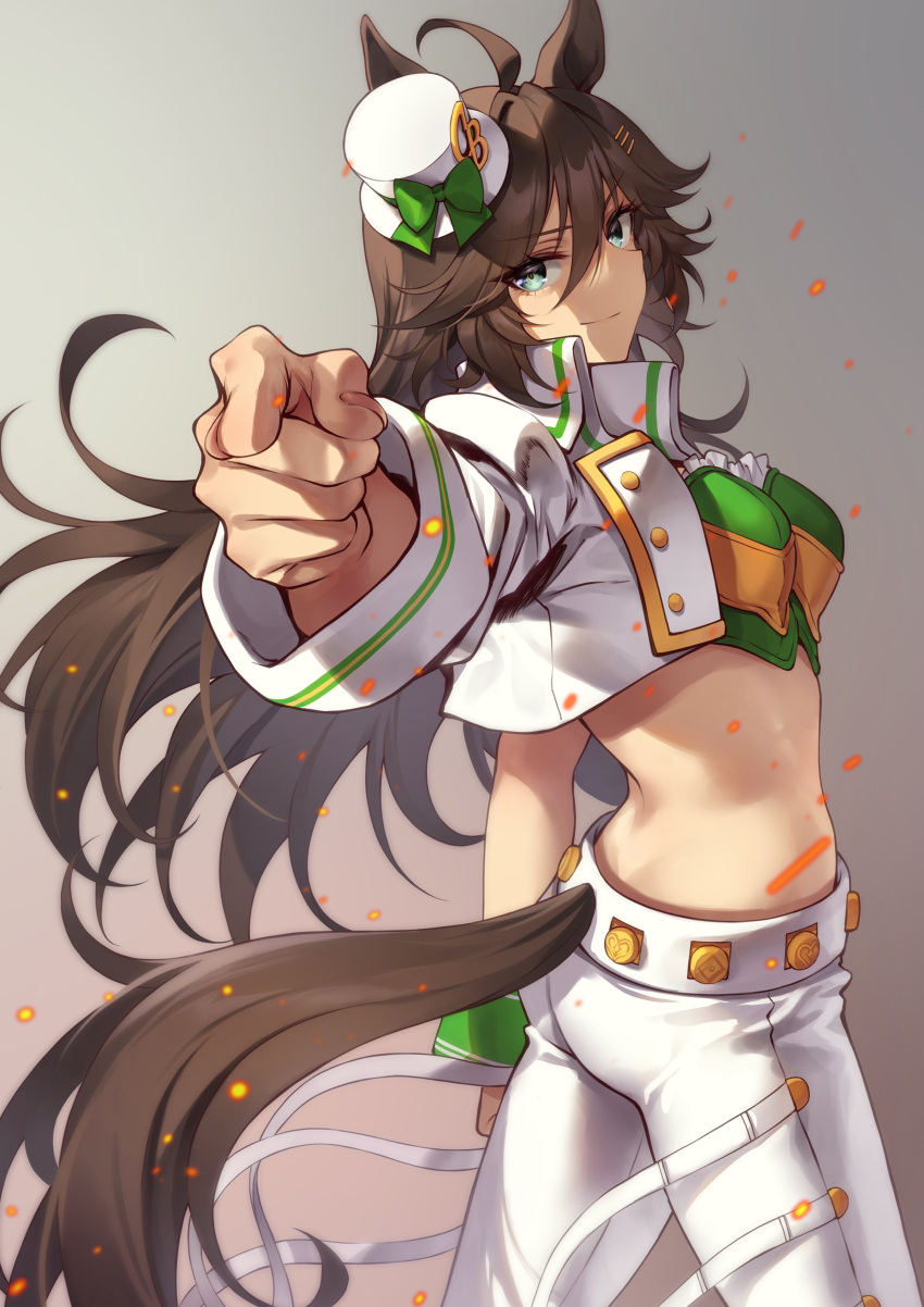 1girl absurdres ahoge animal_ears breasts brown_hair cowboy_shot from_side green_eyes green_pants grey_background hair_between_eyes hair_ornament hairclip hat highres horse_ears horse_girl horse_tail jacket jojo_no_kimyou_na_bouken jojo_pose kujo_jotaro's_pose_(jojo) long_hair long_sleeves looking_at_viewer medium_breasts mini_hat mini_top_hat motsunabe_(mo2nap3) mr._c.b._(umamusume) pants pointing pointing_at_viewer simple_background solo tail top_hat umamusume white_jacket