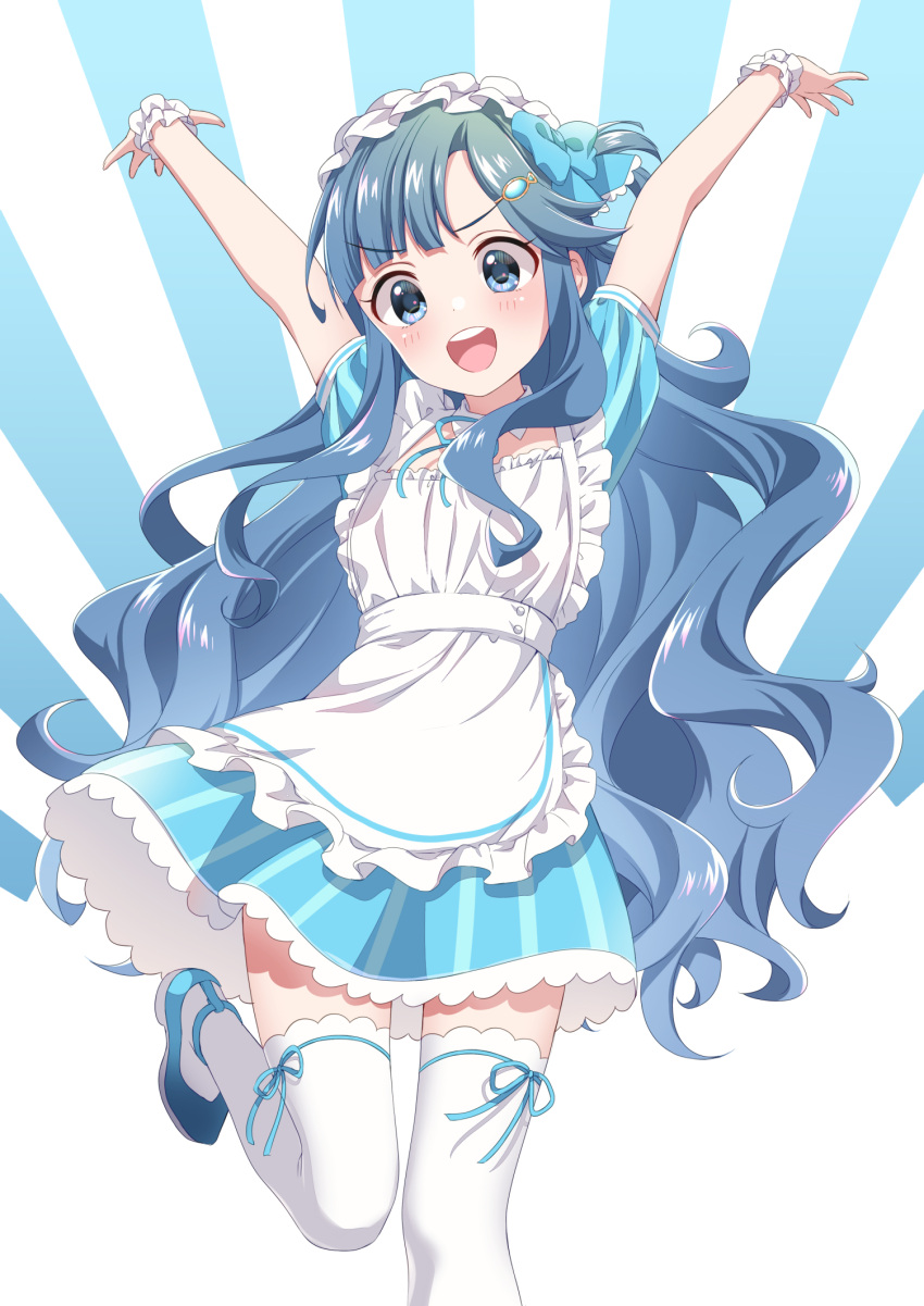 1girl apron arms_up asari_nanami blue_dress blue_eyes blue_footwear blue_hair blue_ribbon blush bow breasts collar cowboy_shot detached_collar dot_nose dress fish_hair_ornament frilled_apron frilled_dress frilled_ribbon frills hair_bow hair_ornament hair_ribbon hair_rings highres idolmaster idolmaster_cinderella_girls idolmaster_cinderella_girls_starlight_stage leg_ribbon leg_up long_hair looking_at_viewer neck_ribbon open_hands open_mouth ribbon scrunchie shoes short_sleeves small_breasts smile solo standing standing_on_one_leg striped striped_dress teeth thigh_ribbon thighhighs tottoto_tomekichi two-tone_background upper_teeth_only v-shaped_eyebrows very_long_hair waist_bow white_apron white_bow white_collar white_headdress white_scrunchie white_thighhighs wrist_scrunchie