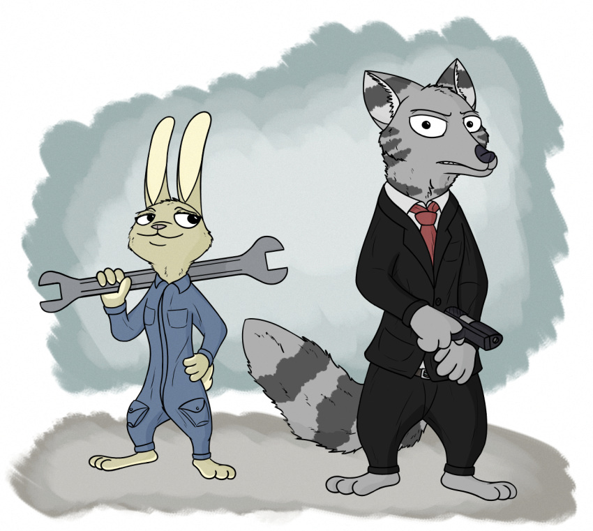 alternate_species anothercolouranon anthro canid canine clothing coveralls disney duo female fox gun hi_res jack_savage lagomorph leporid male mammal necktie rabbit ranged_weapon skye_(zootopia) suit tools weapon wrench zootopia