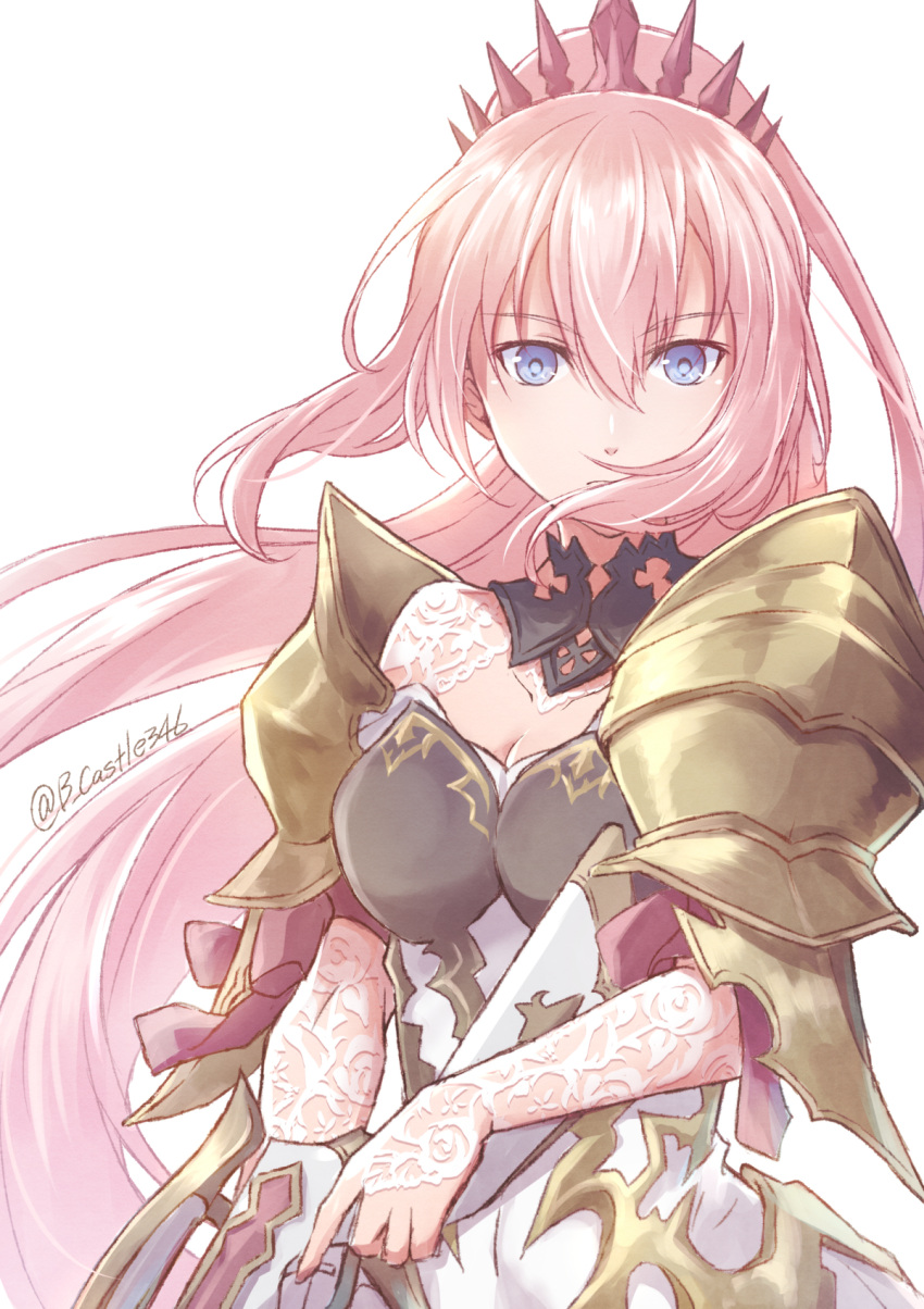 1girl armor black_choker blue_eyes breasts choker cleavage closed_mouth diadem dress floating_hair gun hair_between_eyes highres holding holding_gun holding_weapon long_hair looking_at_viewer medium_breasts mishiro_(andante) pink_hair shionne_(tales) shoulder_armor simple_background solo tales_of_(series) tales_of_arise twitter_username upper_body very_long_hair weapon white_background white_dress