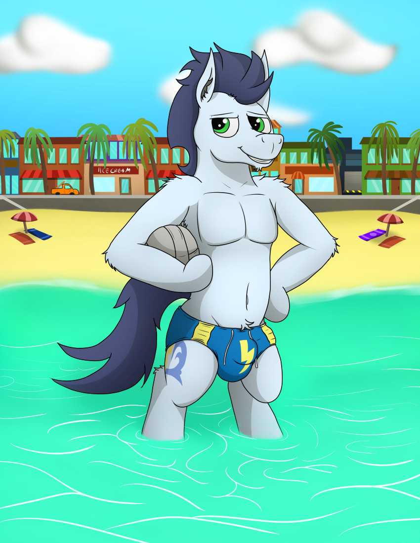 absurd_res anthro ball beach blue_clothing blue_swimwear blue_underwear bulge clothed clothing drawstring equid equine feral friendship_is_magic green_eyes hand_on_hip hasbro hi_res holding_object horse inner_ear_fluff looking_at_viewer male mammal my_little_pony navel partially_submerged pegasus pony seaside shoulder_fluff smile soarin_(mlp) solo speedo standing standing_in_water swimwear tacomytaco topless tuft underwear volleyball_(ball) water wings wonderbolts_(mlp)