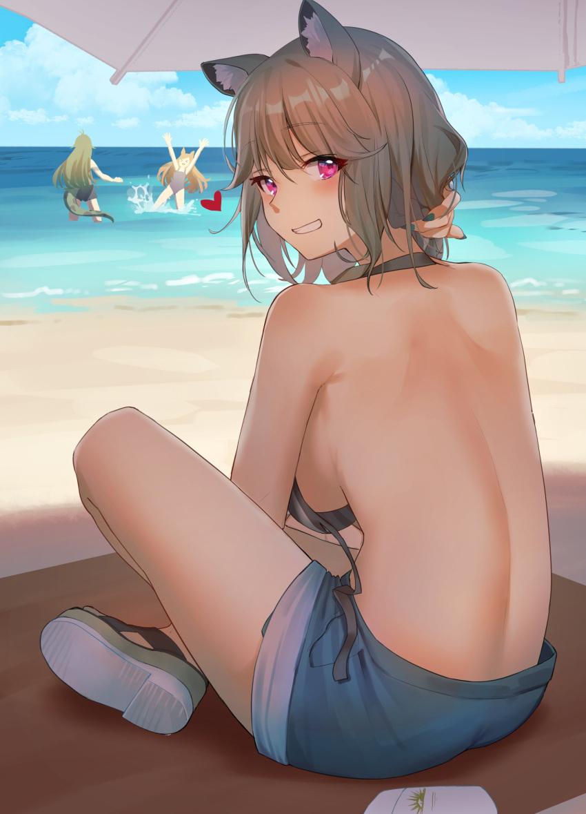 3girls absurdres animal_ear_fluff animal_ears antenna_hair arknights bare_back beach bikini blue_shorts blue_sky breasts brown_hair ceobe_(arknights) cloud crocodilian_tail day dog_ears dog_girl gavial_(arknights) green_hair heart highres large_breasts long_hair looking_at_viewer looking_back multiple_girls ocean official_alternate_costume outdoors purple_eyes sand short_hair short_shorts shorts sitting sky smile striped striped_bikini swimsuit tail utage_(arknights) utage_(summer_flowers)_(arknights) vertical-striped_bikini vertical_stripes yoshimori_isa