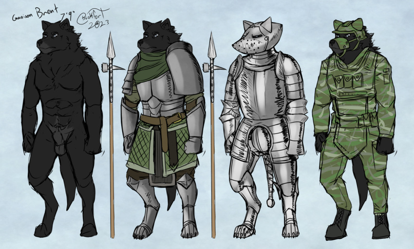 2023 anthro armor black_body black_fur blokfort boots bottomwear canid canine canis clothing footwear fur grey_eyes male mammal medieval_clothing melee_weapon military_clothing military_uniform model_sheet pants polearm simple_background spear standing uniform weapon wolf