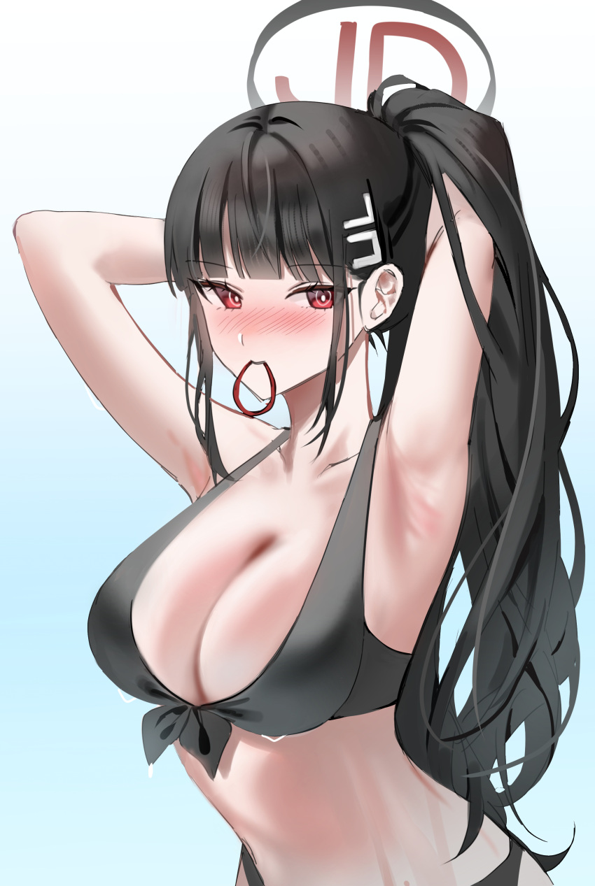 1girl absurdres bikini black_bikini black_hair blue_archive blush breasts cleavage educk hair_ornament hairpin halo highres large_breasts long_hair red_eyes rio_(blue_archive) solo swimsuit upper_body