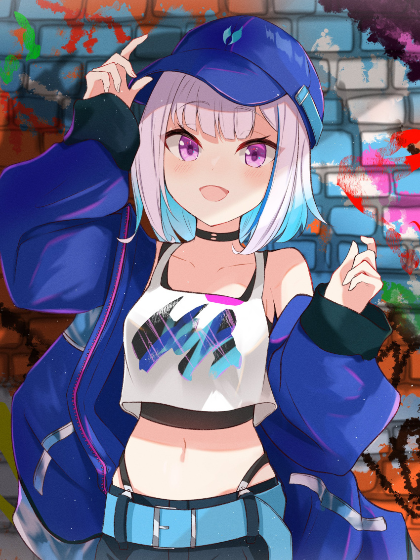 1girl :d absurdres bad_link bare_shoulders baseball_cap belt black_choker blue_belt blue_hair blush choker full_body garter_straps gradient_hair graffiti grey_socks hand_on_headwear hat heart highres jacket kneeling lize_helesta lize_helesta_(9th_costume) looking_at_viewer midriff multicolored_hair navel nijisanji nishiki_yuno official_alternate_hairstyle purple_eyes shirt shoes short_hair sitting sleeveless sleeveless_shirt sleeves_past_wrists smile sneakers socks solo virtual_youtuber wall wariza white_hair white_shirt