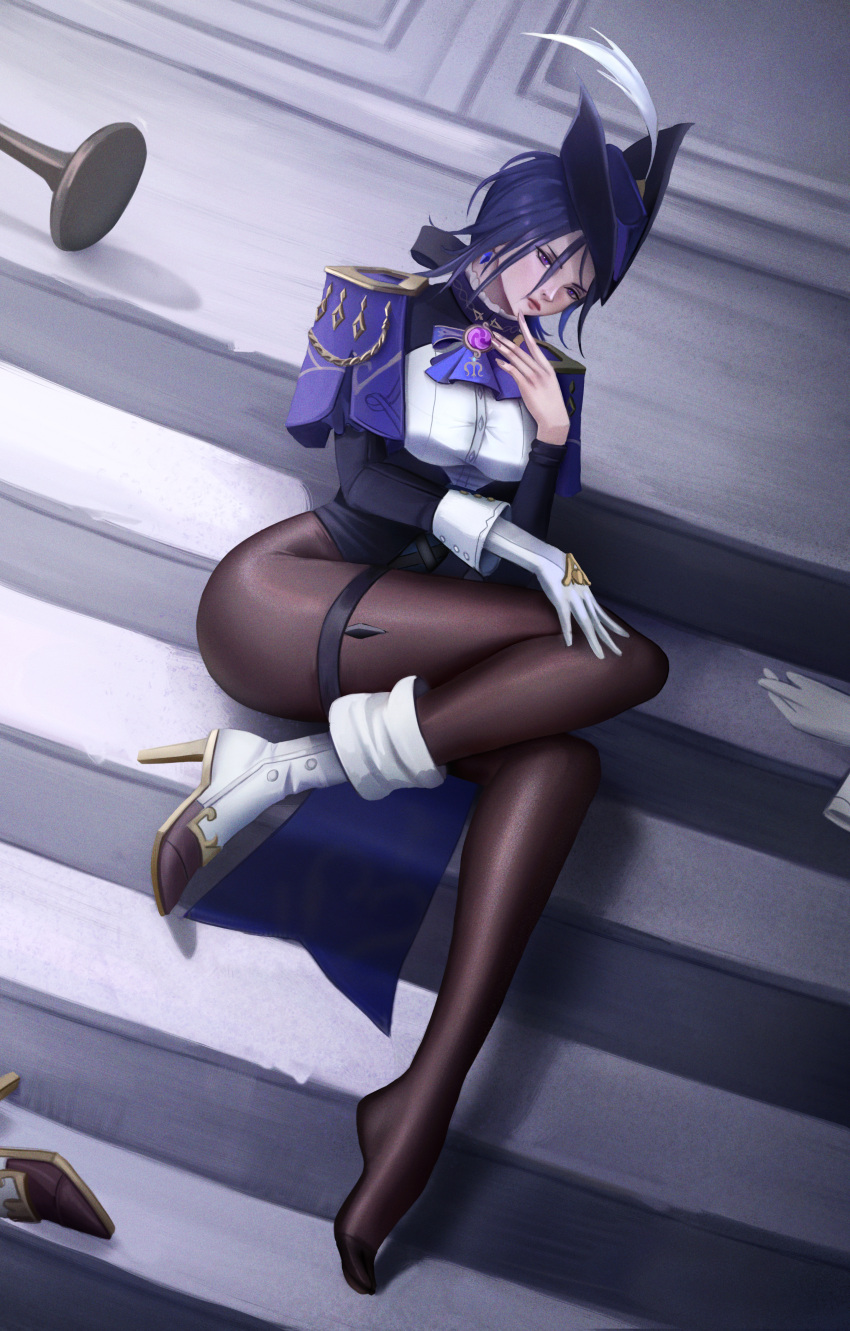 1girl absurdres ascot black_bow black_corset black_pantyhose blue_ascot blue_cape blue_hair blue_headwear boots bow breasts cape clorinde_(genshin_impact) closed_mouth commentary corset dark_blue_hair elbow_gloves epaulettes finger_to_own_chin fold-over_gloves framed_breasts full_body genshin_impact gloves hair_between_eyes hair_bow hat hat_feather highres large_breasts legs lips long_hair looking_at_viewer low_ponytail pantyhose puppnet purple_eyes shirt single_boot single_elbow_glove sitting solo taut_clothes taut_shirt thigh_strap thighs tricorne unworn_boots unworn_gloves vision_(genshin_impact) white_footwear white_shirt