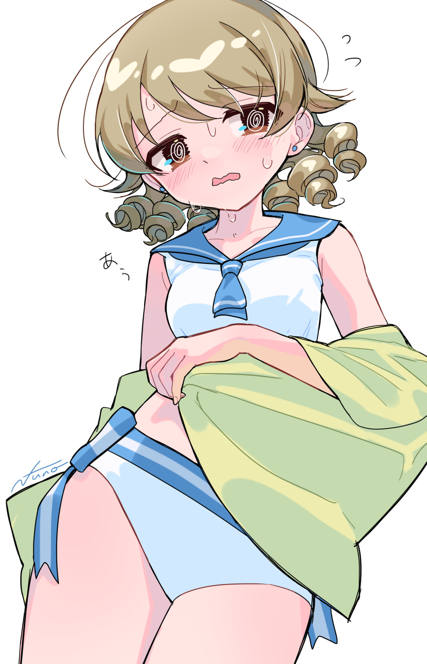 1girl @_@ absurdres arm_behind_back bare_shoulders bikini blue_neckerchief blue_sailor_collar blush breasts brown_eyes brown_hair collarbone cowboy_shot dot_nose drill_hair embarrassed flying_sweatdrops green_towel hand_up highres holding holding_towel idolmaster idolmaster_cinderella_girls idolmaster_cinderella_girls_starlight_stage light_brown_hair long_hair looking_at_viewer morikubo_nono neckerchief open_mouth ringlets sailor_bikini sailor_collar sailor_swimsuit_(idolmaster) side-tie_bikini_bottom signature simple_background small_breasts solo standing sweat swimsuit towel wavy_mouth white_background white_bikini yukinuno