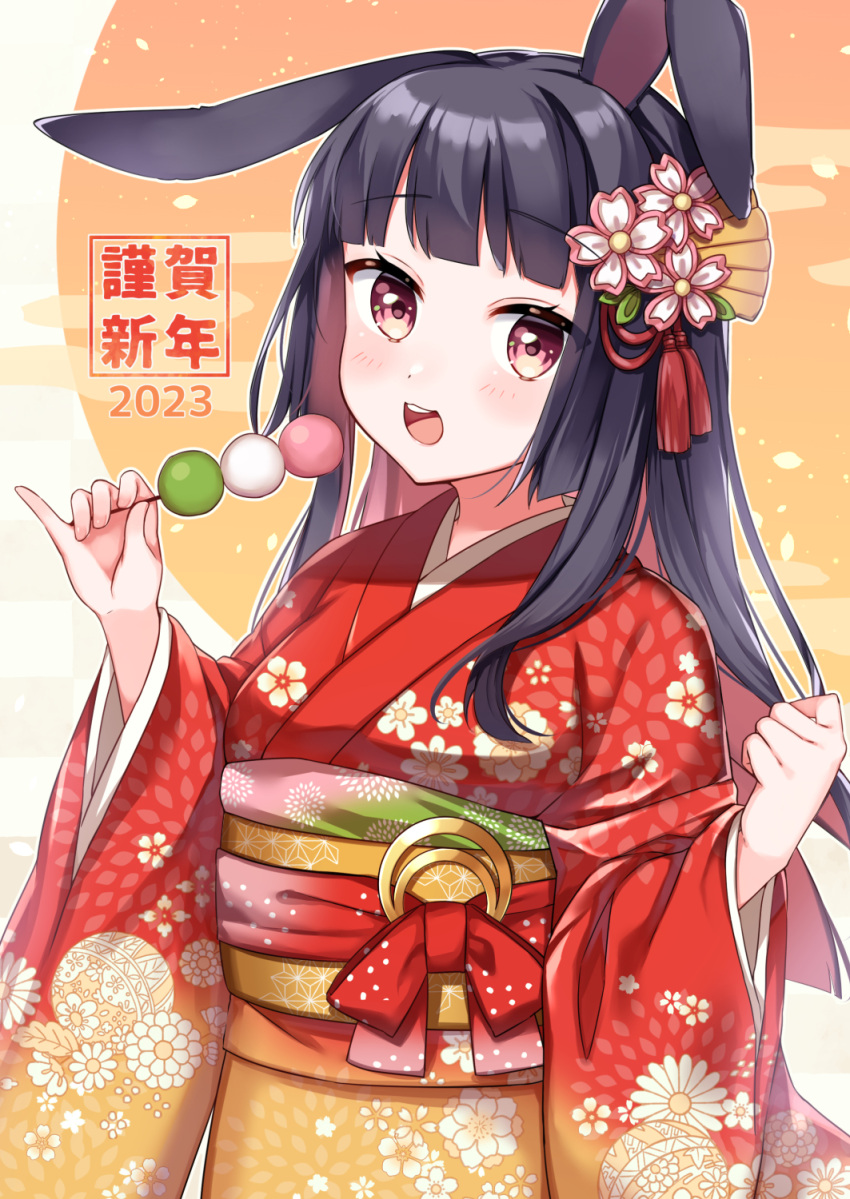 1girl 2023 :3 animal_ears blunt_bangs blush brown_eyes chinese_zodiac dango flower food hair_flower hair_ornament highres holding holding_food japanese_clothes kanzashi kawagami_raito kimono long_sleeves looking_at_viewer new_year obi open_mouth original rabbit_ears sanshoku_dango sash smile solo tassel tassel_hair_ornament wagashi wide_sleeves year_of_the_rabbit