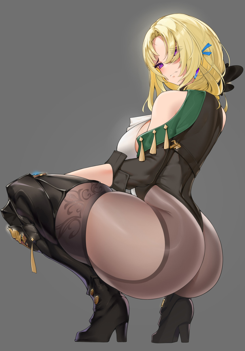 1girl absurdres anji_lanuo ass bare_shoulders black_footwear black_leotard blonde_hair blush boots breasts brown_pantyhose closed_mouth cocolia_rand from_side full_body grey_background hair_ornament heart heart-shaped_pupils high_heels highres honkai:_star_rail honkai_(series) large_breasts leotard long_sleeves pantyhose purple_eyes simple_background skindentation solo symbol-shaped_pupils thick_thighs thigh_boots thighhighs thighhighs_under_boots thighs