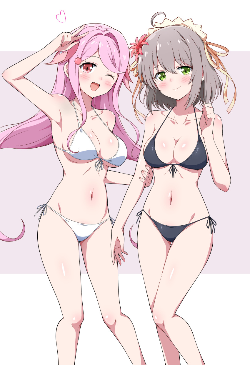 2girls :d absurdres arm_grab bare_arms bare_legs bikini black_bikini blush breasts cleavage closed_mouth collarbone eggman_(pixiv28975023) flower flower_knight_girl green_eyes grey_hair hair_flower hair_ornament hair_ribbon highres medium_breasts multiple_girls navel one_eye_closed open_mouth pink_eyes pink_hair ribbon sangobana_(flower_knight_girl) serruria_(flower_knight_girl) side-tie_bikini_bottom smile solo standing swimsuit thighhighs underboob v white_bikini