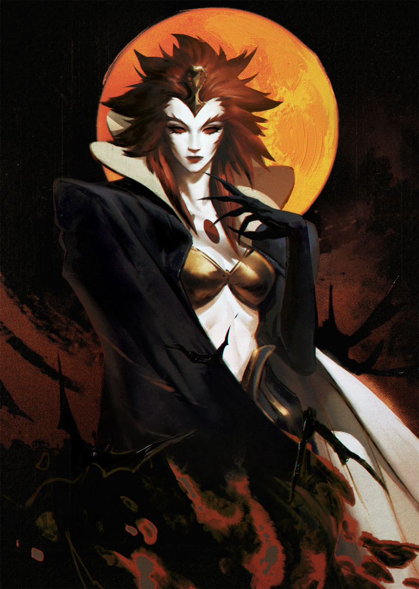 1girl bat_(animal) black_cape cape castlevania castlevania:_nocturne claws closed_mouth erzsebet_bathory full_moon gold_bra highres lion_girl looking_at_viewer moon pale_skin red_eyes red_hair roannaperoz solo uraeus vampire