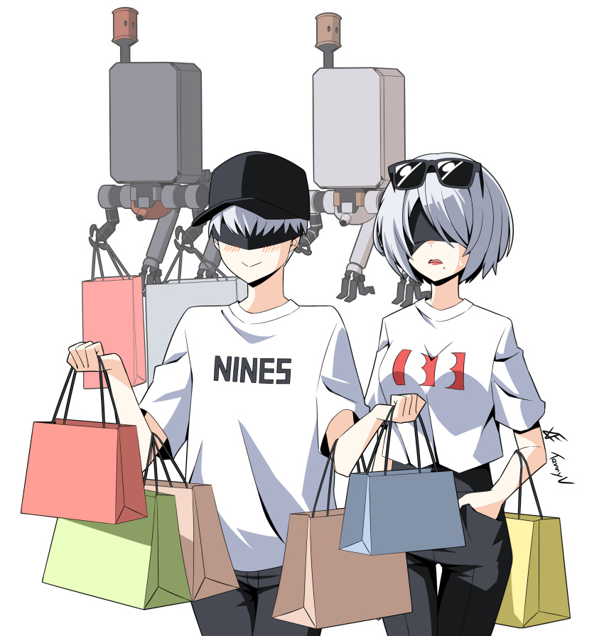 1boy 1girl absurdres bag bishounen black_blindfold black_gloves blindfold blush choker english_text gloves highres nier:automata nier_(series) pod_(nier:automata) shirt shopping_bag short_hair simple_background smile tanny_v white_background white_hair white_shirt yorha_no._2_type_b yorha_no._9_type_s