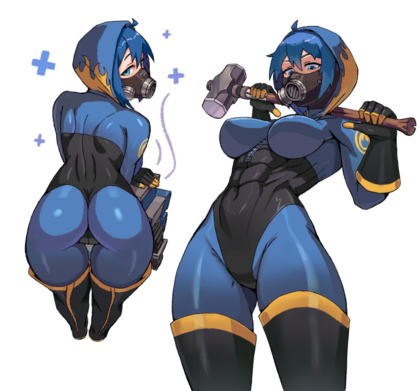 1girl :d abs ass black_footwear black_gloves blue_bodysuit blue_eyes blush bodysuit breasts commentary dispenser_(team_fortress) english_commentary flame_print from_behind gas_mask genderswap genderswap_(otf) gloves half-closed_eyes hammer hands_up healing highres holding holding_weapon hood hood_up impossible_clothes large_breasts leaning_forward looking_at_viewer looking_back looking_down mask multiple_views muscular muscular_female pyro_(tf2) simple_background skin_tight sledgehammer smile team_fortress_2 variant_set weapon weapon_on_back wersman white_background zipper
