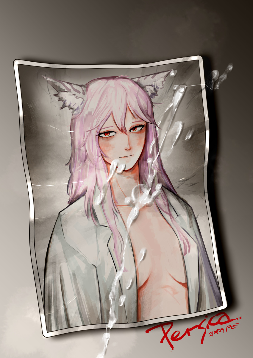 1girl absurdres animal_ears bags_under_eyes blush breasts breasts_apart cat_ears cat_girl character_name closed_mouth coat commentary cum cum_on_picture dated english_commentary girls'_frontline hair_between_eyes highres lab_coat long_hair long_sleeves looking_at_viewer medium_breasts naked_labcoat open_clothes open_coat persica_(girls'_frontline) photo_(object) pink_hair radish_p red_eyes signature simple_background smile solo upper_body