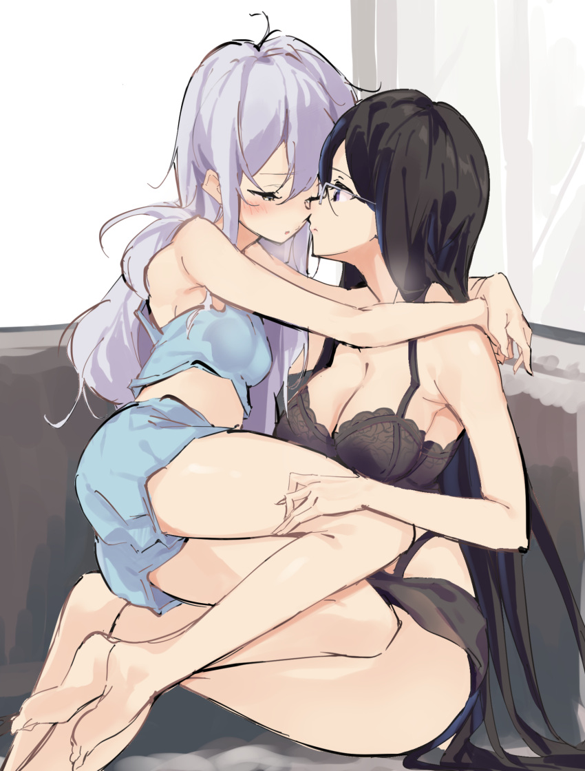 2girls bare_arms bare_shoulders barefoot black_bra black_hair blue_camisole blue_shorts blush bra breasts breath camisole cleavage closed_mouth commentary_request couch eye_contact glasses grey_hair highres kozakura_(urasekai_picnic) lamb_(hitsujiniku) long_hair looking_at_another medium_breasts multiple_girls on_couch profile purple_eyes short_shorts shorts soles underwear urasekai_picnic uruma_satsuki very_long_hair white_background yuri
