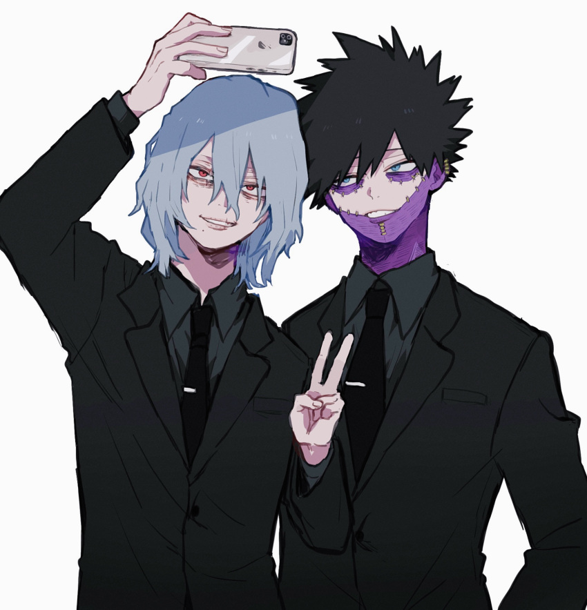 2boys ametaro_(ixxxzu) arm_up black_hair black_jacket black_necktie black_shirt blue_eyes blue_hair boku_no_hero_academia burn_scar cheek_piercing dabi_(boku_no_hero_academia) highres holding holding_phone jacket male_focus medium_hair multiple_boys multiple_scars necktie phone red_eyes scar scar_on_face selfie shigaraki_tomura shirt short_hair simple_background spiked_hair staple stapled v white_background wrinkled_skin