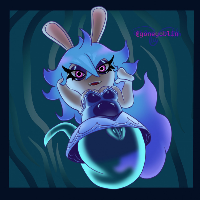 belly big_belly big_breasts blue_body blue_hair bottomwear breasts cleavage clothed clothing clothing_lift demon female genitals ghost glowing glowing_genitalia glowing_pussy gone_goblin hair hi_res lagomorph leporid long_hair lustful_eyes lustful_gaze mammal midnite_(mario_plus_rabbids) purple_eyes pussy pussy_shot rabbit rabbit_ears raised_bottomwear raised_clothing raised_skirt raving_rabbids rayman_(series) skirt skirt_lift solo spirit spread_pussy spreading ubisoft