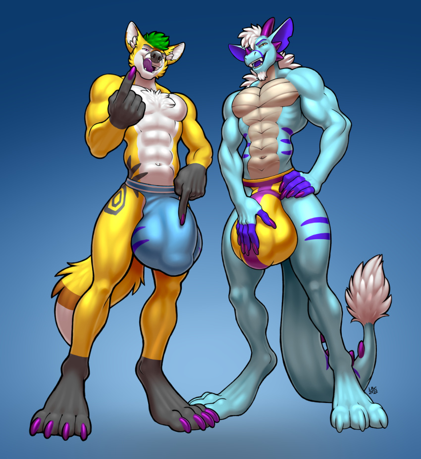 2022 anthro beckoning black_body black_fur black_markings blue_body bulge canid canine detailed_bulge digital_media_(artwork) dragon duo fox fur genitals gesture green_hair hair hi_res longblueclaw male mammal markings muscular muscular_male open_mouth penis pointing pointing_at_penis purple_markings simple_background smile standing teeth tongue tongue_out white_body white_fur yellow_body yellow_fur