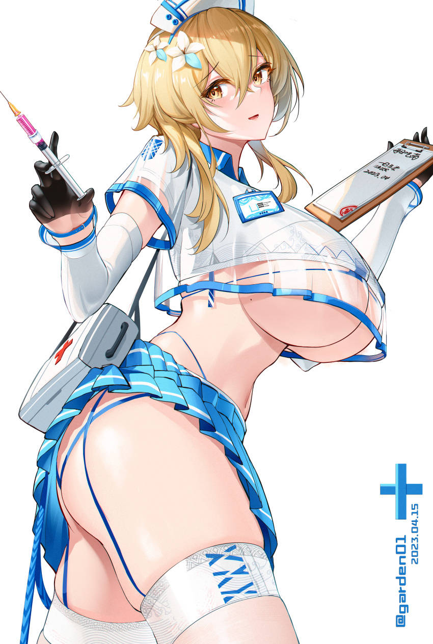 1girl absurdres ass breasts curvy garden01 genshin_impact gloves highres holding holding_needle large_breasts looking_at_viewer lumine_(genshin_impact) needle nurse solo underboob